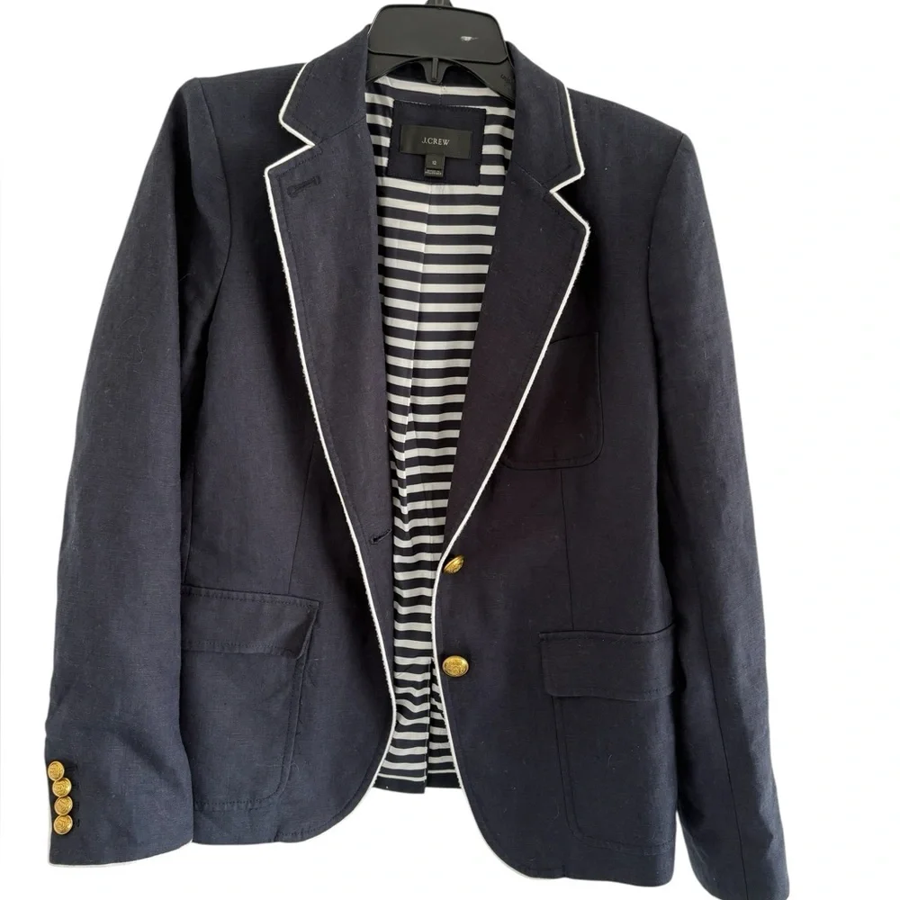 J. Crew Dark Blue linen Blazer with white piping and Gold button Accents - Picture 9 of 9